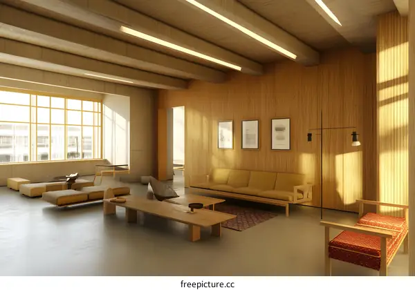 Minimalist Living Room Interior Design With Wooden Walls And Floor