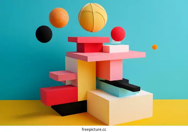 Abstract Minimalist 3D Composition with Colorful Geometric Shapes and Floating Spheres