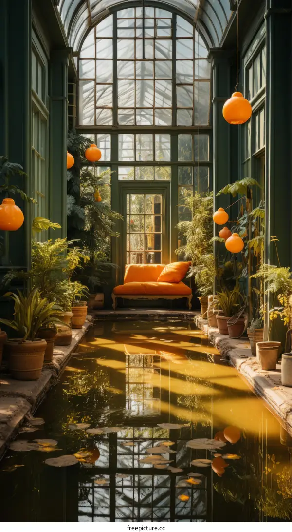 An empty greenhouse with a reflection of the exterior in the water