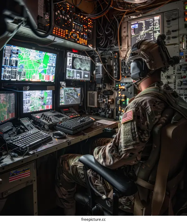 Soldier operates advanced military technology in a command center