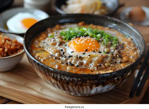 A delicious bowl of Japanese rice with egg and other ingredients