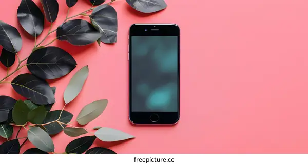 Black Smartphone with Green Screen on Pink Background with Leaves