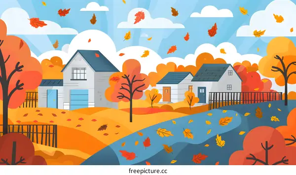 Autumn Landscape with Falling Leaves and Houses