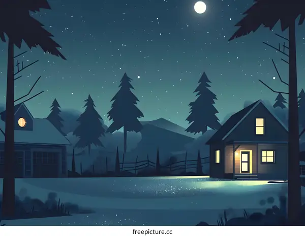 Nighttime Cabin Landscape Illustration