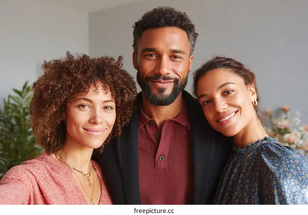 Three diverse people smiling in a group portrait