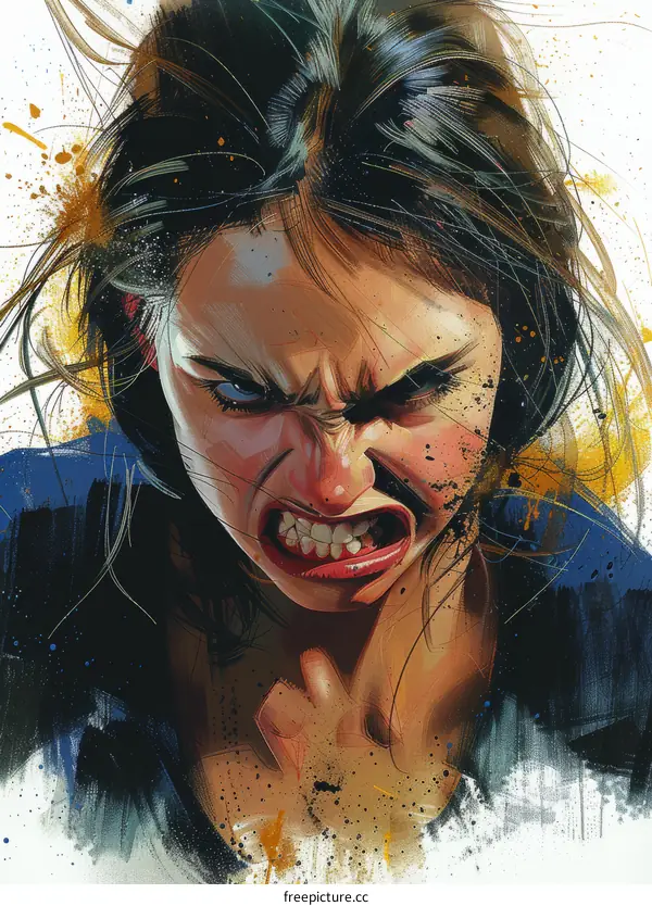 A woman with long black hair and a blue shirt is making an angry face.