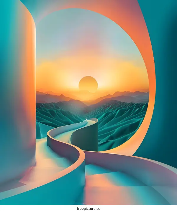 Abstract Sunset Landscape With Curved Pathway