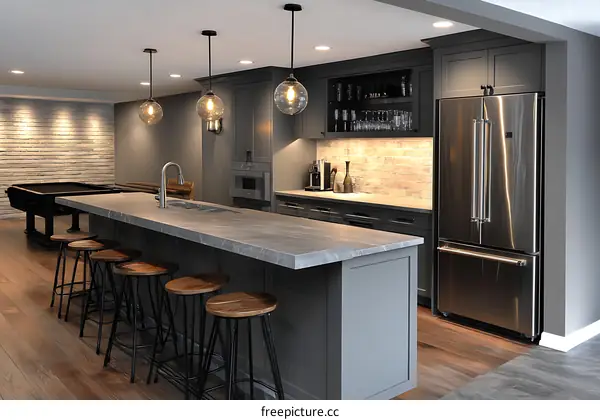 Modern Gray Kitchen with Bar Area and Pool Table