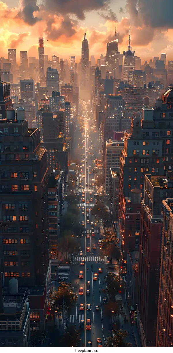 New York City street view at sunset