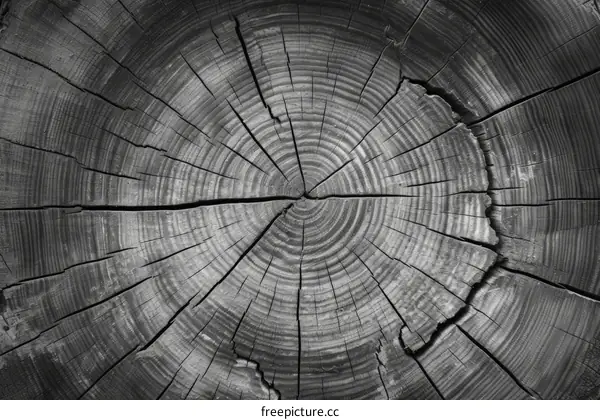 Black and white tree stump with visible annual growth rings