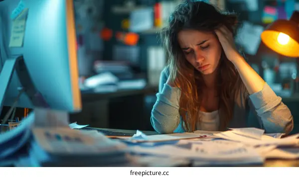 Young woman feeling stressed while working late at night in the office