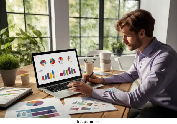 Businessman analyzing charts and graphs on laptop screen