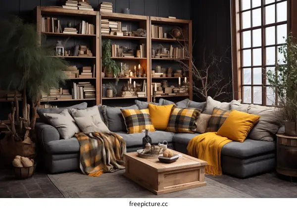Cozy Living Room with Sectional Sofa, Fireplace and Bookshelves