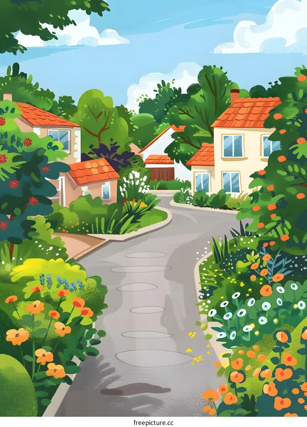 Illustrated Colorful  Summer  Houses  in  a  Quiet  Town