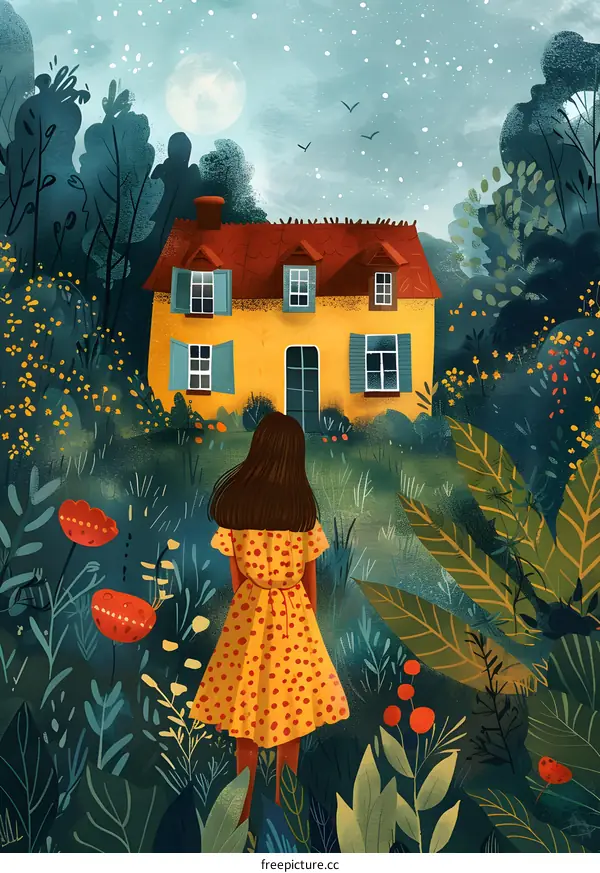 girl in a yellow dress looking at a house in the woods