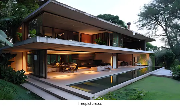 Modern House with Swimming Pool and Lush Greenery