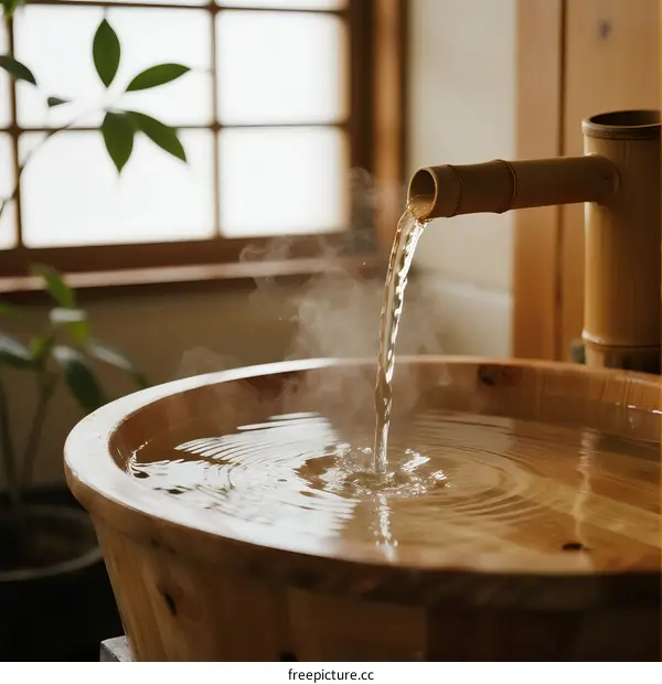 Bamboo Fountain Flowing into Wooden Basin with Steam