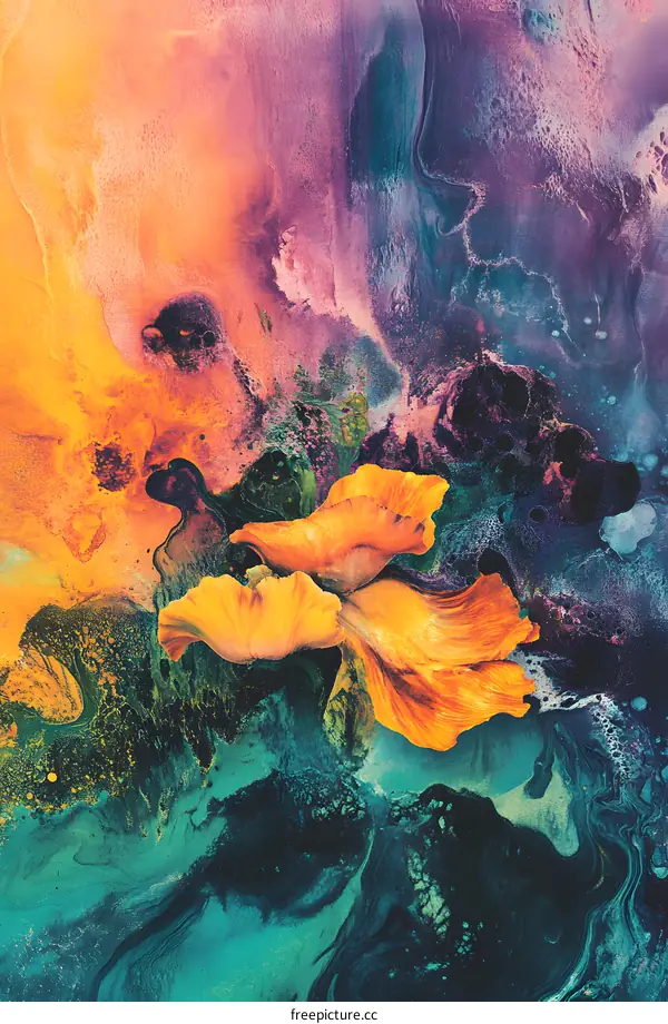 Abstract Painting of Yellow Flowers in a Swirl of Colors