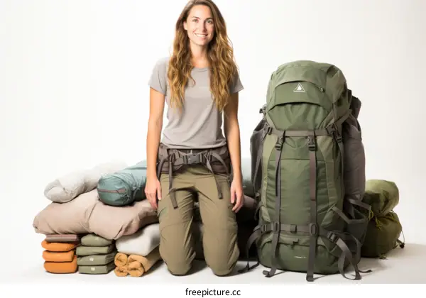 Woman kneeling next to a large backpack and a pile of camping gear