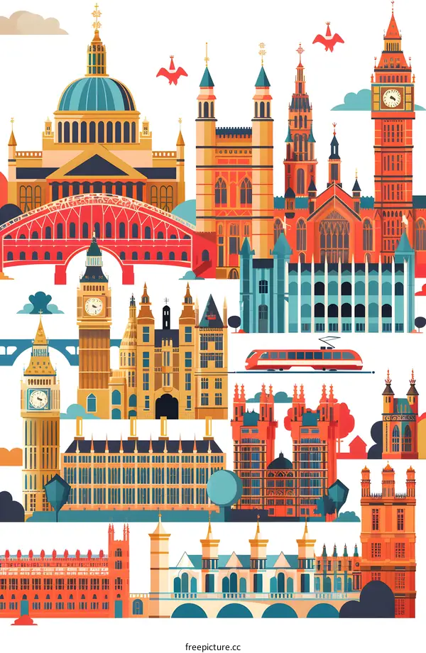 London England Landmark Buildings Illustration