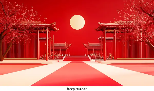 Chinese Red Architecture Illustration with Cherry Blossoms