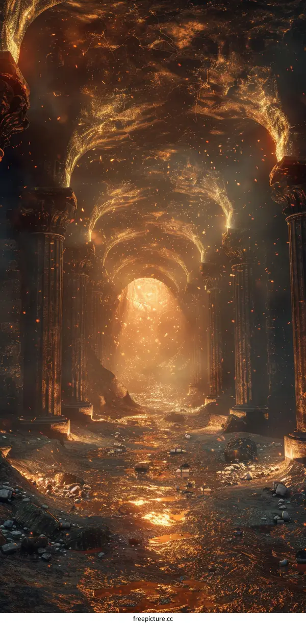 Ancient Temple Corridor with Lava and Rocks