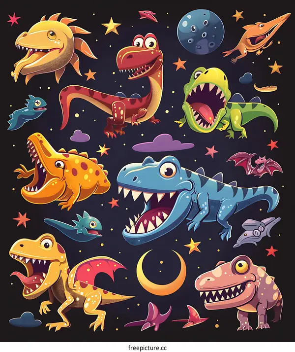 Cartoon Dinosaurs Night Sky