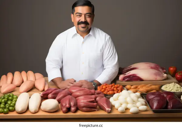 Chef poses with a variety of meats and other food items