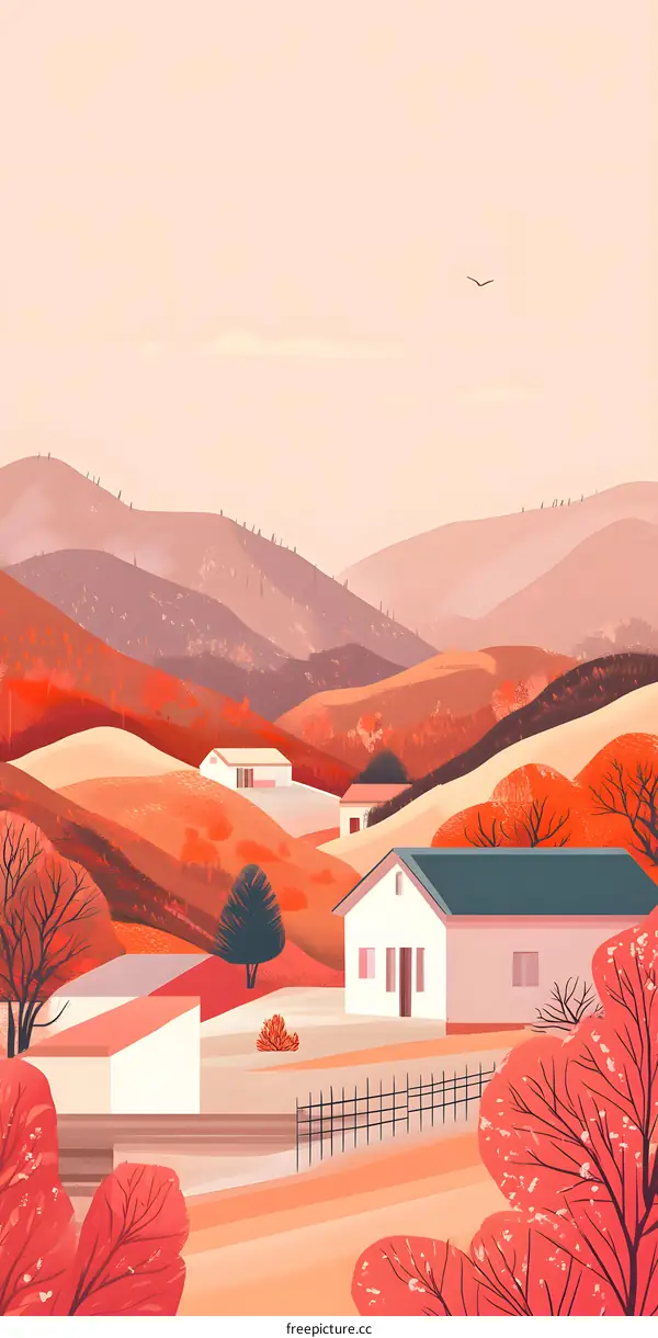 Autumn Village Landscape with Red Trees and Houses