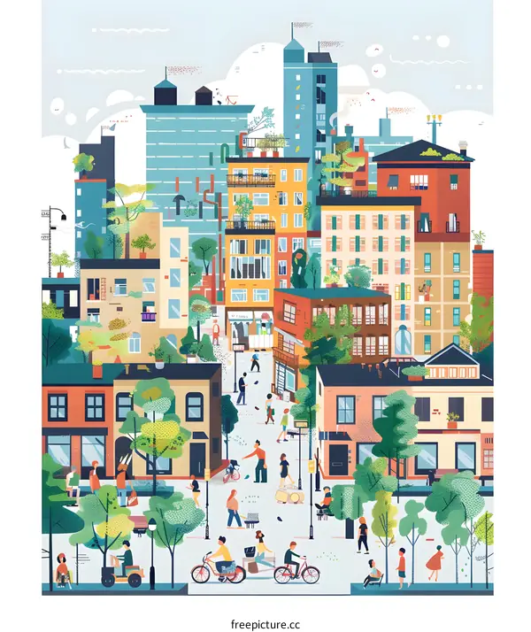 Colorful Illustration of a City Street with People Walking, Biking, and Relaxing