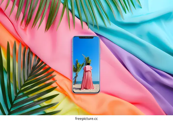 Colorful Fabrics Background With Palm Leaf And A Phone Showing Summer Beach Scenery