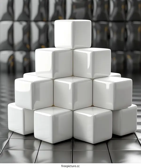 Pyramid of 13 white cubes on a reflective surface