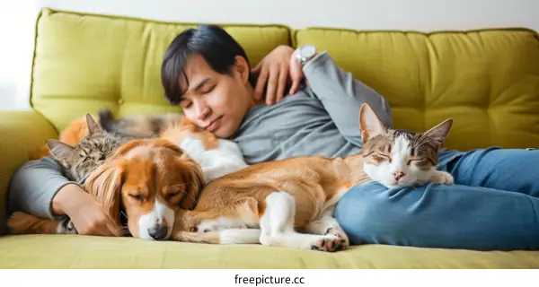 A man is sleeping on the couch with his dog and cat