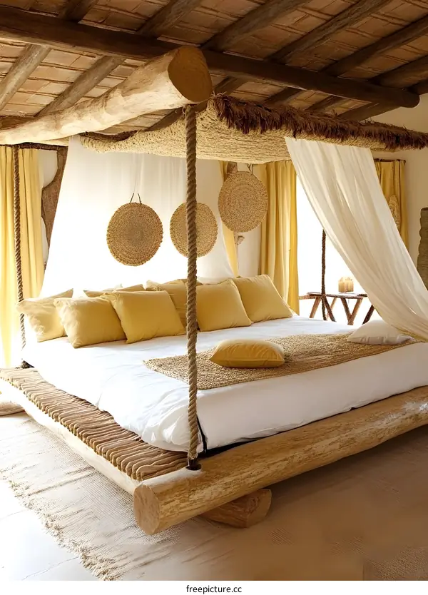 Rustic Canopy Bed With Wooden Beams and Ropes