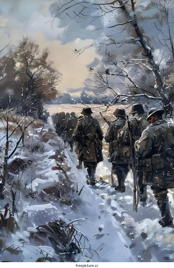 A group of soldiers walking through the snow in a forest during World War I