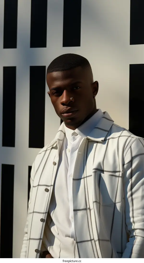Black man in white shirt and white jacket posing against black and white background