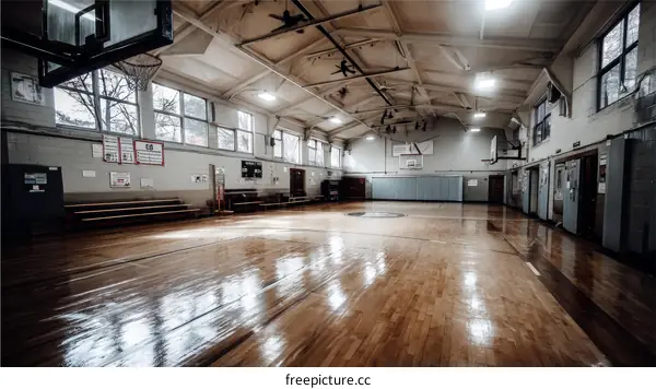 Empty Basketball Court of an Old Gym