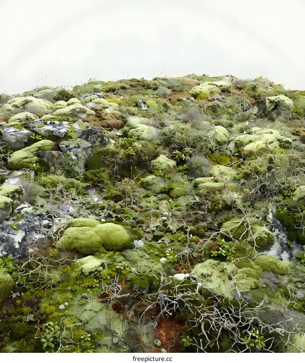 Green Moss and Lichen Covered Rocks Landscape