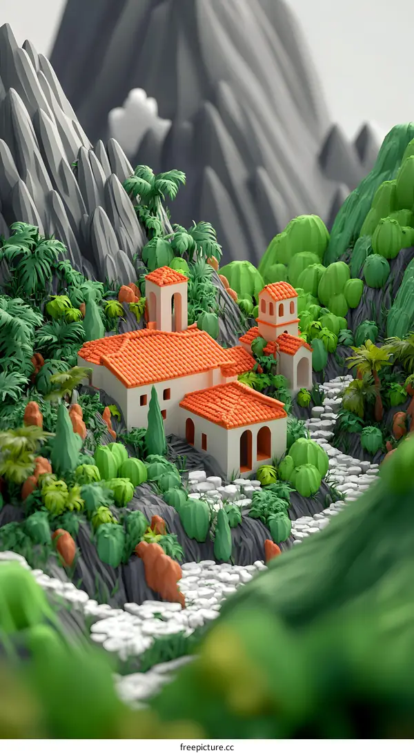 Low Poly 3D Render of a Mountain Village