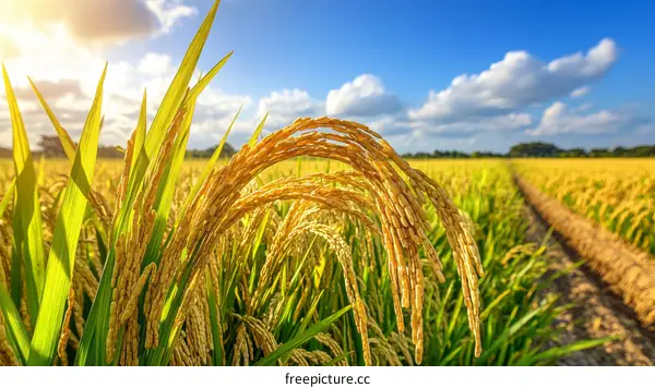 Golden Rice Field Under Sunny Sky