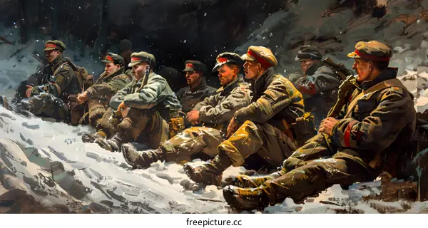 A group of soldiers sitting on a snowy mountain