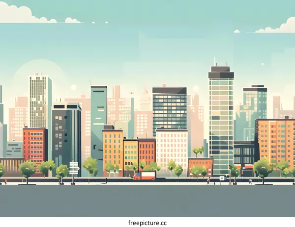 Cityscape Illustration With Buildings And Trees