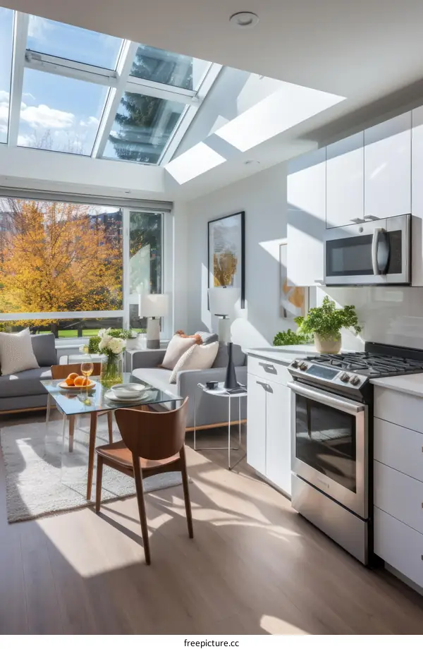 An open-concept living space with a vaulted ceiling and large windows