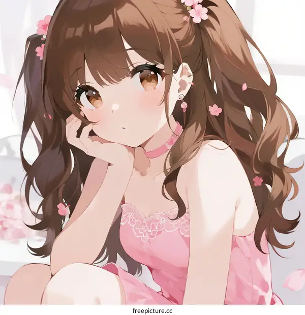 A Young Woman with Brown Hair and Cherry Blossom Hairpins