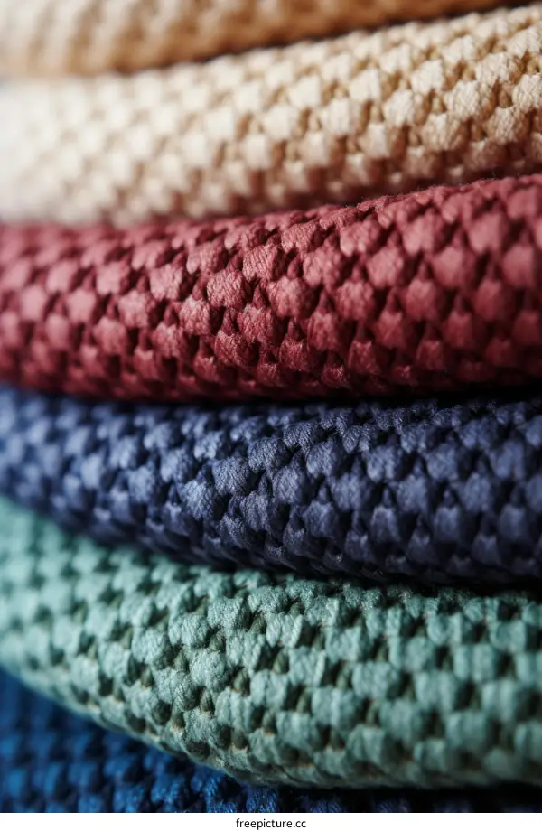Colorful closeup of a stack of four different colored bath towels