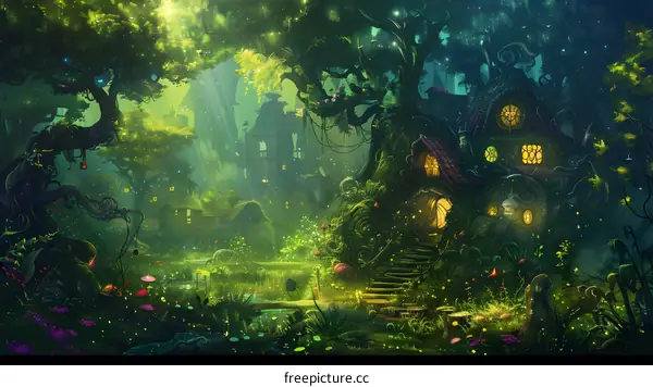 Fantasy Forest with Treehouse and Magical Lights