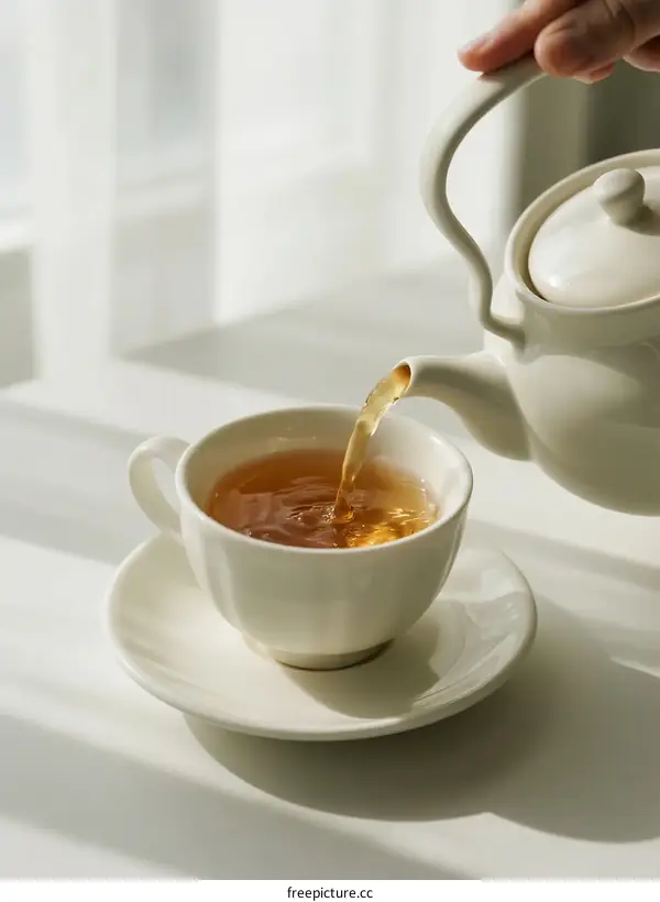 Pouring hot tea into a white ceramic cup on a bright window