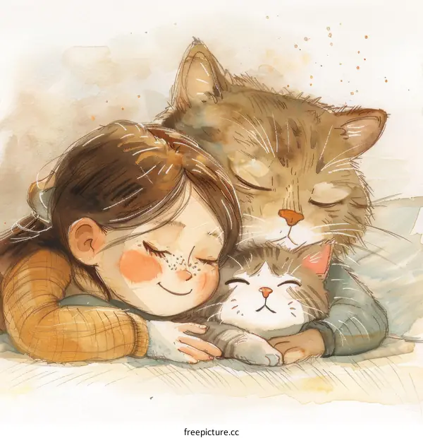 A girl hugging two cats