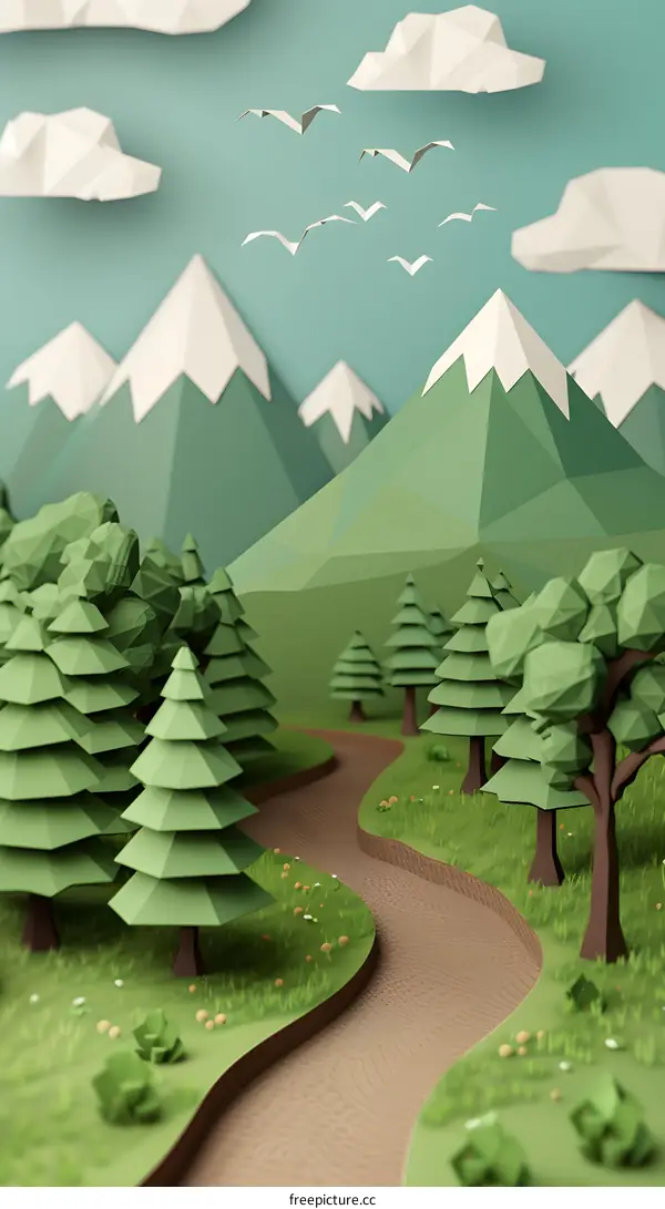 Low Poly Mountain Landscape with Winding Path