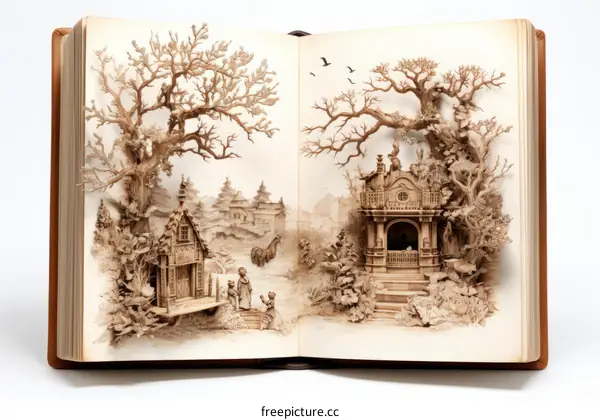 Laser-cut paper diorama of a European village